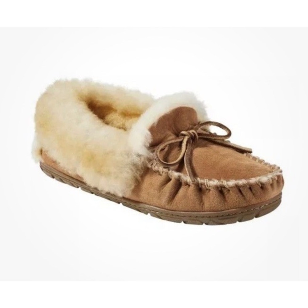 LL Bean Wicked Good Moccasins Womens Sz 6 Brown Suede Shearling Slippers Boho